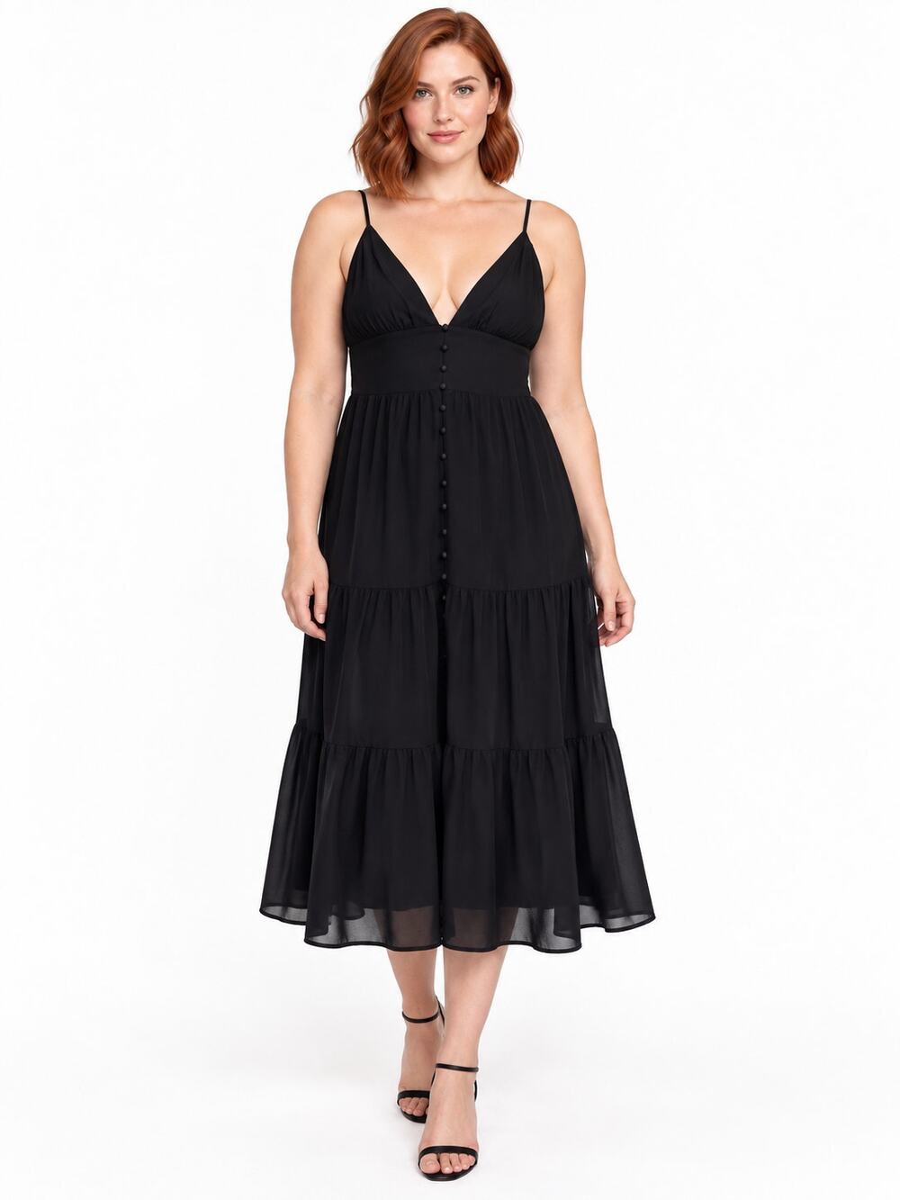Lulus Everlasting Sight XL Black Tie Strap Tiered Button Front Midi Dress